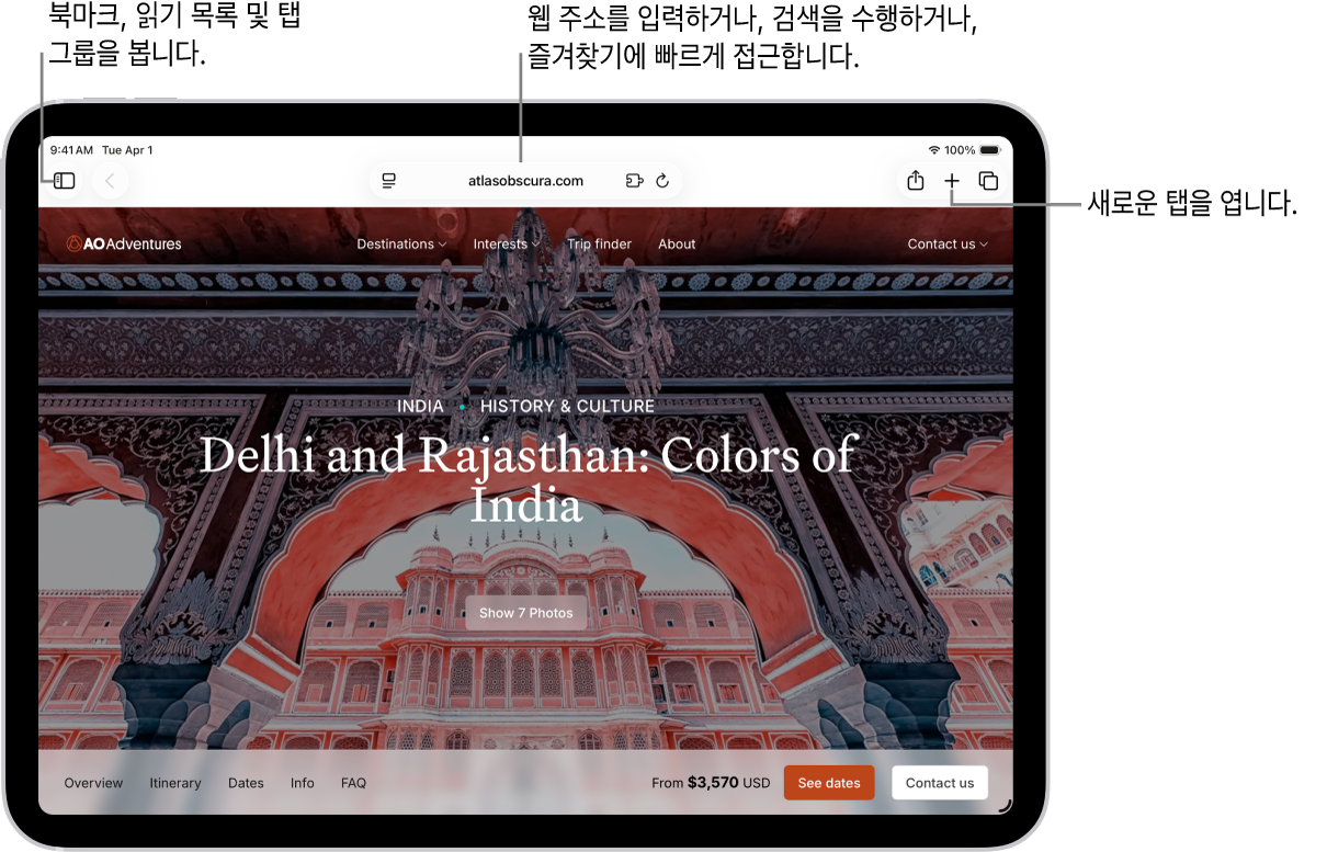 열려 있는 웹 페이지. 상단에는 왼쪽에서 오른쪽으로 사이드바 버튼, 이전 및 뒤로 버튼, 검색 필드, 공유 버튼, 새로운 탭 버튼, 탭 개요 버튼이 있음.