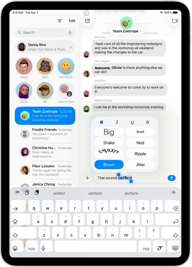 텍스트 필드에 새로운 단어가 선택되고 그 위에 포맷 및 효과 옵션이 표시된 메시지 대화. 선택된 텍스트는 효과의 미리보기와 함께 표시됨.