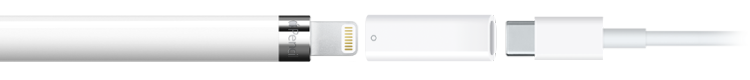 „Apple Pencil“ (1 kartos) prijungtas per USB-C prie „Apple Pencil“ adapterio. Kitas adapterio galas prijungtas prie USB-C įkrovimo kabelio.