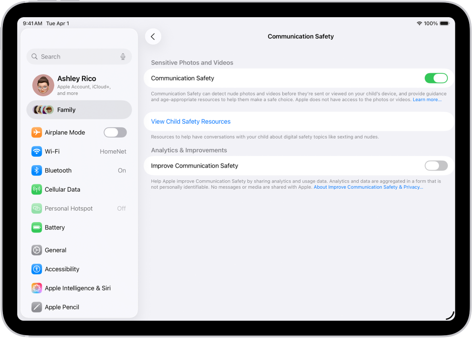 ആശയവിനിമയ സുരക്ഷ ഓൺ ആയി കാണിക്കുന്ന കുടുംബത്തിലെ ഒരു കുട്ടിക്കായുള്ള ആശയവിനിമയ സുരക്ഷാ സ്ക്രീൻ.