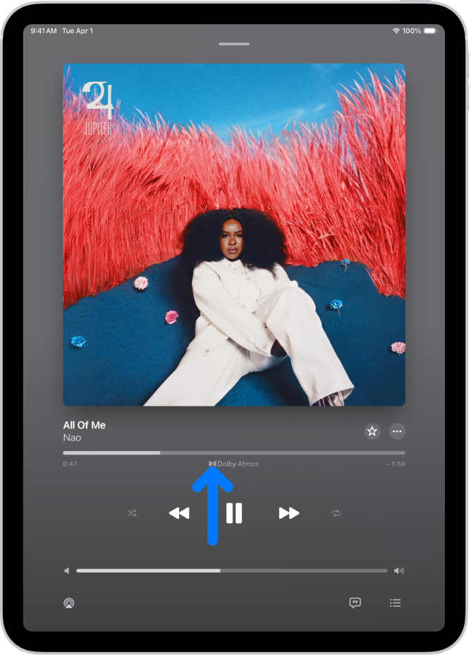 Skrin Kini Dimainkan menunjukkan ikon Dolby Atmos untuk trek yang sedang bermain.