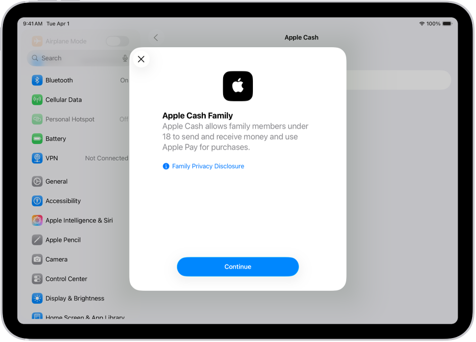 Het Instellingen-scherm met het configuratievenster voor 'Apple Cash voor gezinnen' in het midden van het scherm.