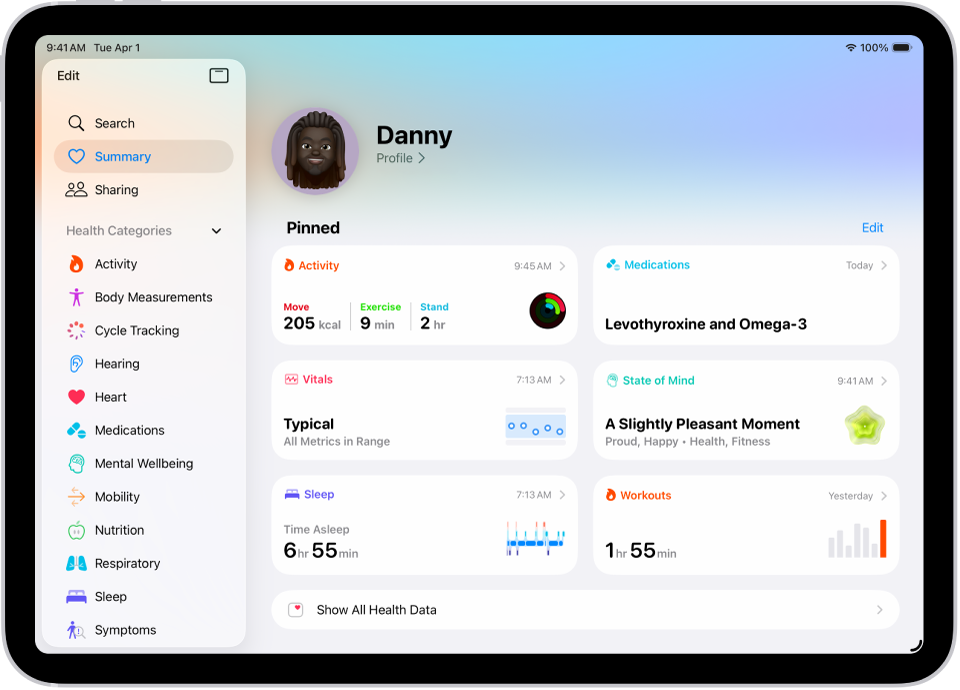 Het overzichtsscherm in Gezondheid. Informatie over activiteit, medicatie, vitale functies, gemoedstoestand, slaap, hartslag en work-outs wordt onder 'Vastgemaakt' weergegeven.
