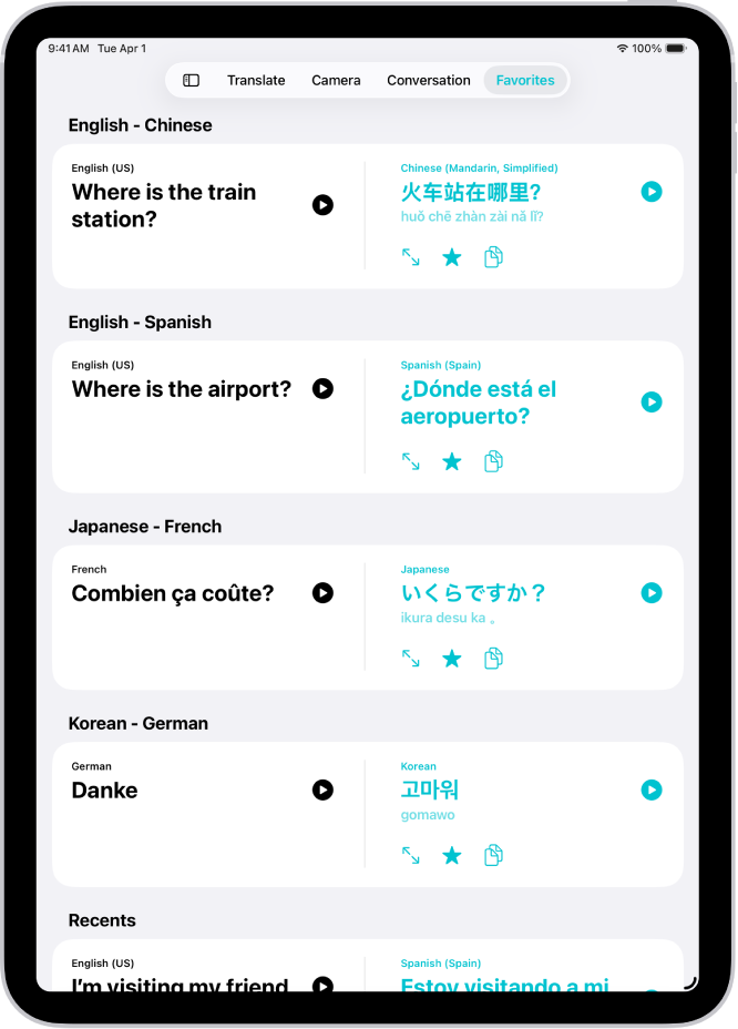 Het tabblad 'Favorieten' met bewaarde zinnen die naar diverse talen zijn vertaald.