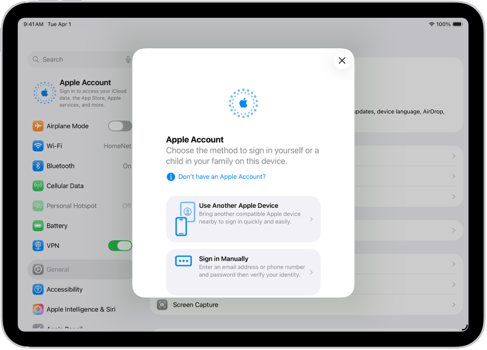 Het Instellingen-scherm met het Apple Account-inlogdialoogvenster in het midden van het scherm.