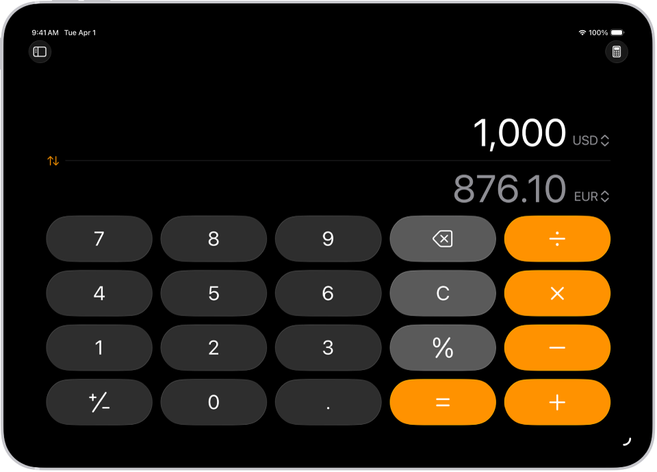 De standaardrekenmachine met een valutaomrekening op de iPad.