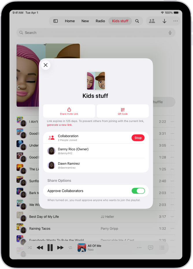 Het scherm 'Beheer samenwerking' in de Muziek-app.