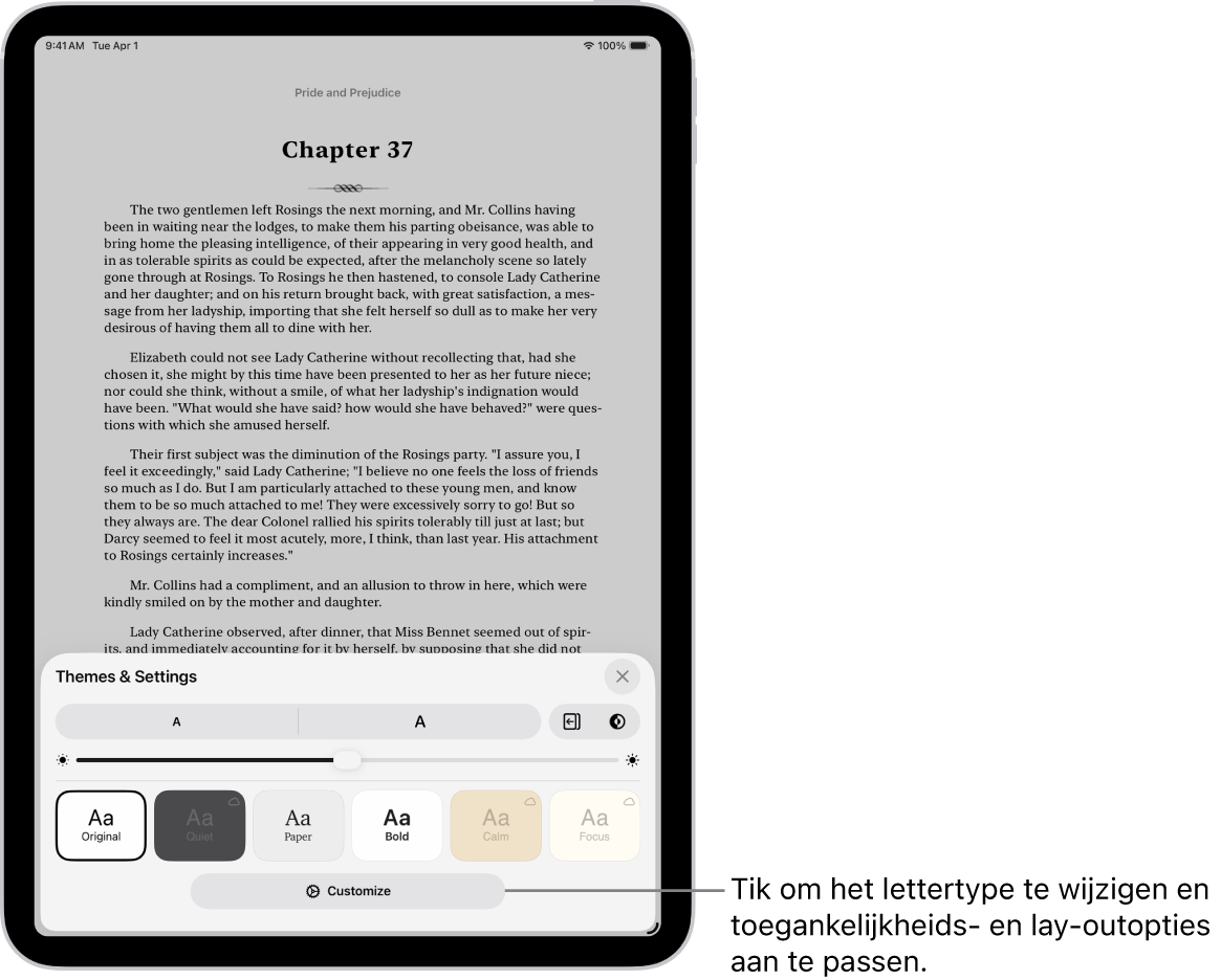 Een pagina van een boek in de Boeken-app. De opties van 'Thema's en instellingen', met regelaars voor de lettergrootte, de schuifweergave, de stijl voor het omslaan van pagina's, de helderheid en lettertypestijlen.