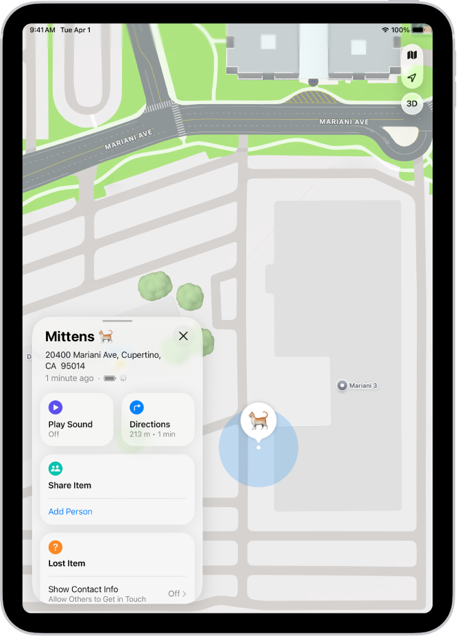 Het scherm 'Zoek mijn' met een AirTag waarvan de locatie wordt gedeeld.