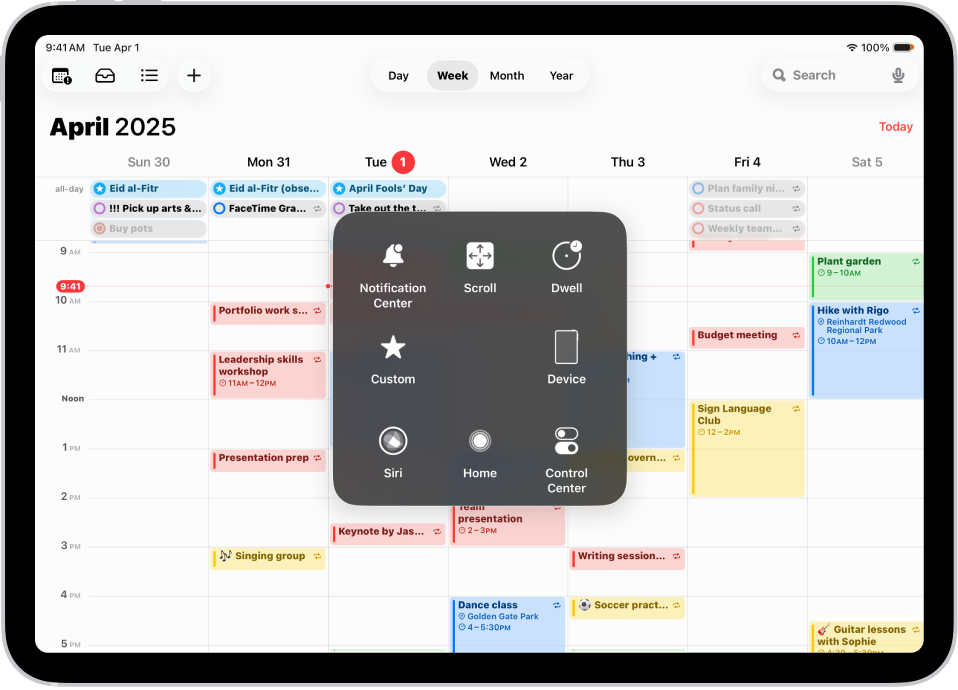 Een iPad met het AssistiveTouch-menu, met regelaars voor het meldingencentrum, 'Apparaat', het bedieningspaneel, Woning, Siri en 'Aangepast'.