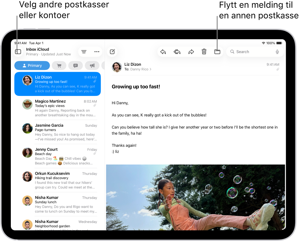 Innboksen i Mail, med listen over e-poster til venstre og en åpen e-post til høyre.
