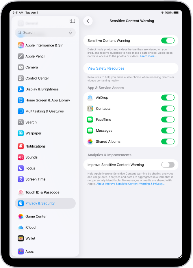 Apple ସହିତ ଆନାଲିଟିକ୍ସ୍ ଏବଂ ଉପଯୋଗ ଡେଟା ଶେୟର୍ କରିବା ପାଇଁ “ସୁରକ୍ଷା ସମ୍ବଳ ଦେଖନ୍ତୁ” ଲେବଲ୍ ଥିବା ବଟନ୍ ଏବଂ ସମ୍ବେଦନଶୀଳ ବିଷୟବସ୍ତୁ ଚେତାବନୀ ଉନ୍ନତ କରିବା ପାଇଁ ଲେବଲ୍ ହୋଇଥିବା ବଟନ୍ ସହିତ ସମ୍ବେଦନଶୀଳ ବିଷୟବସ୍ତୁ ଚେତାବନୀ ପାଇଁ ସେଟିଂସ୍।