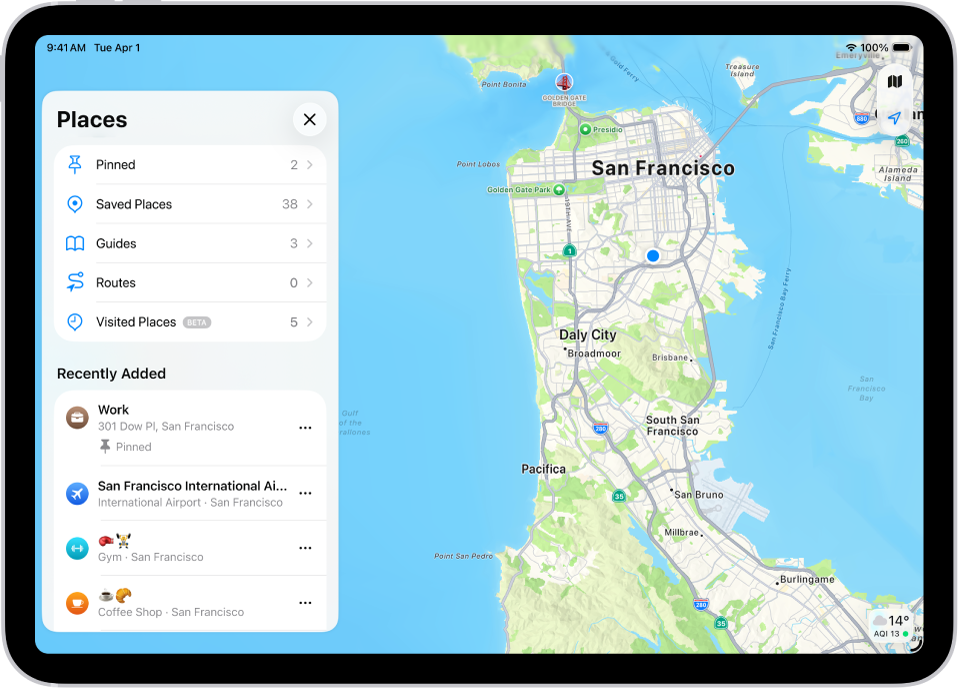 Ekran Miejsca w Mapach, który wyświetla listę kategorii miejsc, takich jak Przypięte, Zachowane miejsca i Przewodniki. Poniżej jest sekcja Ostatnio dodane, która zawiera przeglądane miejsca.