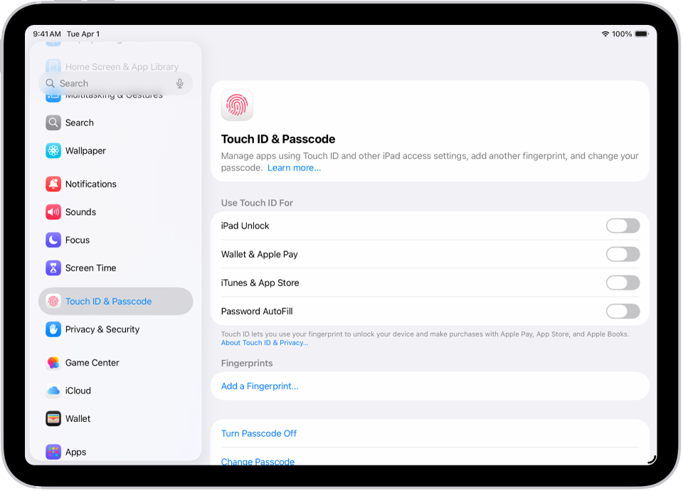 Ekran wyświetlający ustawienia Touch ID i kodu. Widoczne są opcje dodawania odcisku palca oraz włączania kodu.