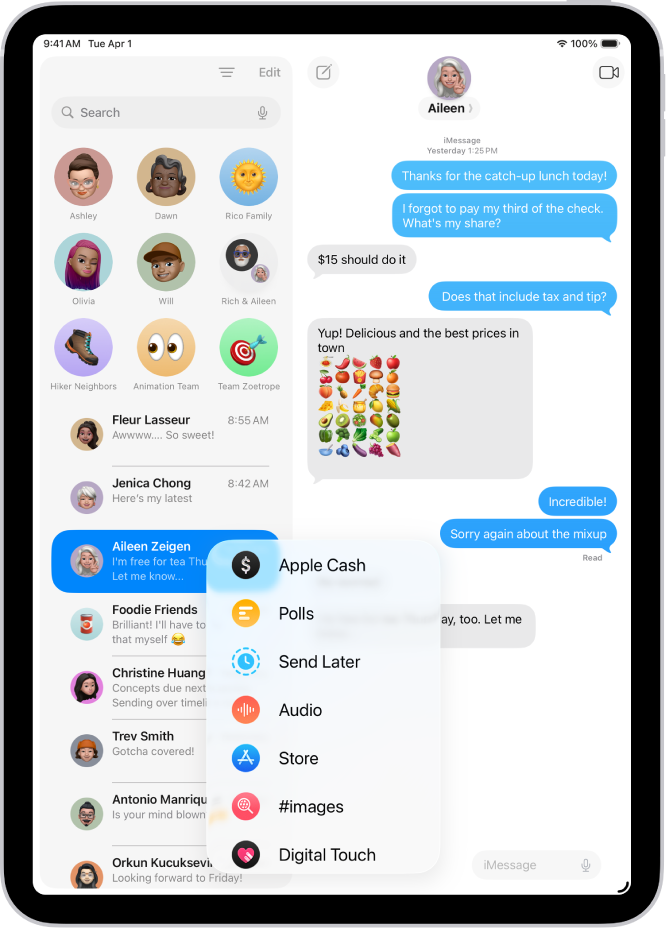 Po stuknięciu w przycisk Dodaj w rozmowie w aplikacji Wiadomości pojawi się lista funkcji, które można dodać do wiadomości.