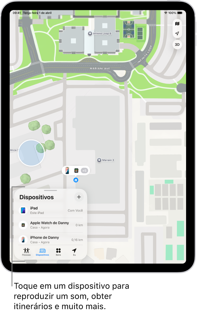 Tela do app Buscar aberto na lista Dispositivos. A lista de dispositivos inclui iPad de Dani, iPhone de Dani, Apple Watch de Dani e AirPods Pro de Dani. As respectivas localizações são mostradas em um mapa perto de Santa Cruz.