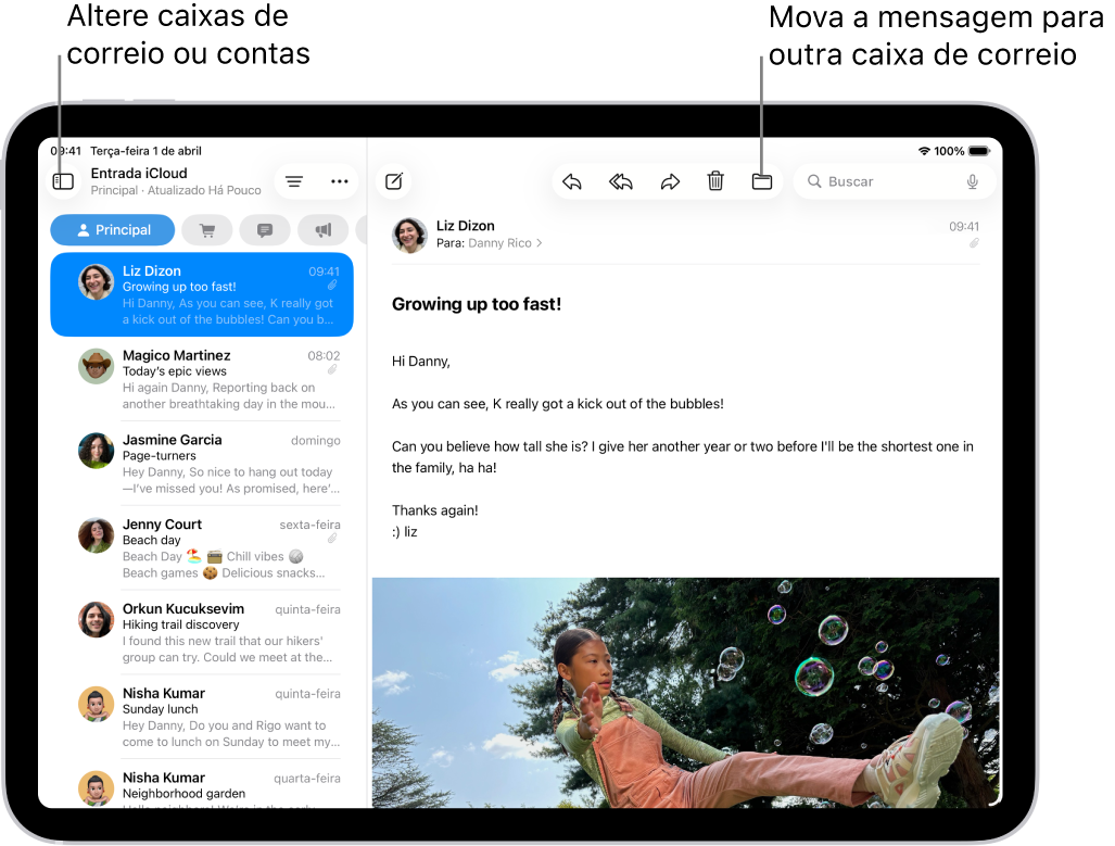 Caixa de Entrada do Mail, com a lista de e‑mails à esquerda e um e‑mail aberto à direita.
