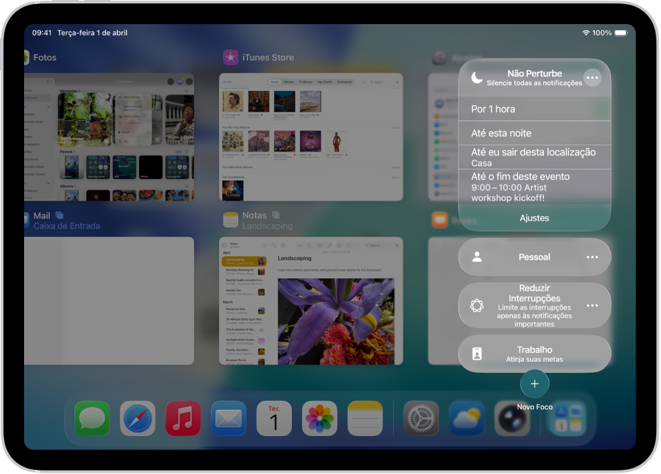 A Central de Controle mostrando opções para quanto tempo o Não Perturbe ficará ativado; as opções são “Por 1 hora”, “Até esta noite”, “Até eu sair desta localização” e “Até o fim deste evento”.