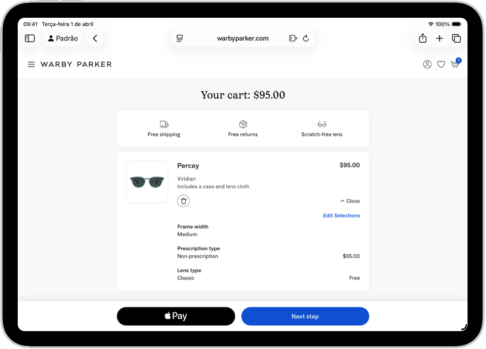 Página web no Safari mostrando um carrinho de compras com os preços de itens selecionados. O botão Apple Pay está na parte inferior direita.