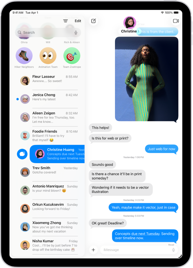 Uma lista de conversas da aplicação Mensagens com uma mensagem por ler e outra marcada como por ler.