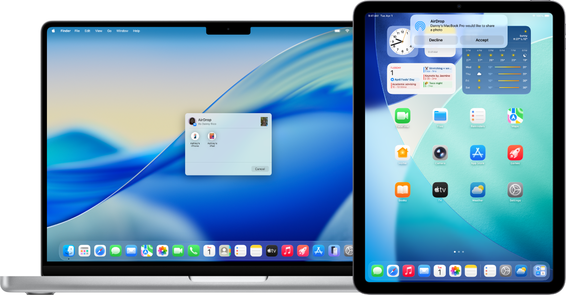 Um Mac está ao lado de um iPad. A caixa de diálogo de AirDrop está aberta na secretária do Mac, pronta para partilhar um documento com o iPad. O ecrã do iPad tem uma notificação sobre a receção do documento.