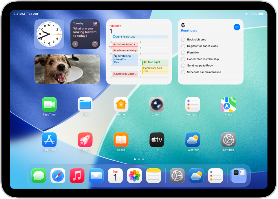Uma captura de ecrã a mostrar um exemplo do ecrã principal de um iPad.