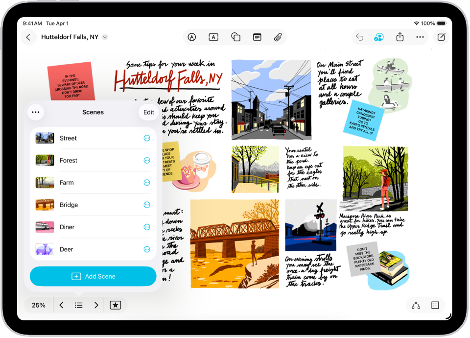 O quadro Freeform com o Navegador de cenários aberto e vários cenários guardados.