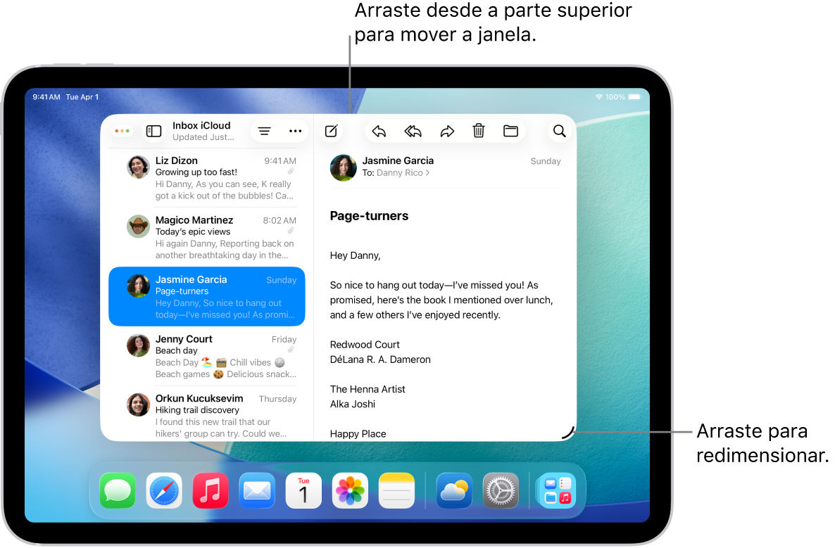 Uma janela aberta no iPad, com um puxador de redimensionamento no canto inferior direito controlos de janela no canto superior esquerdo.