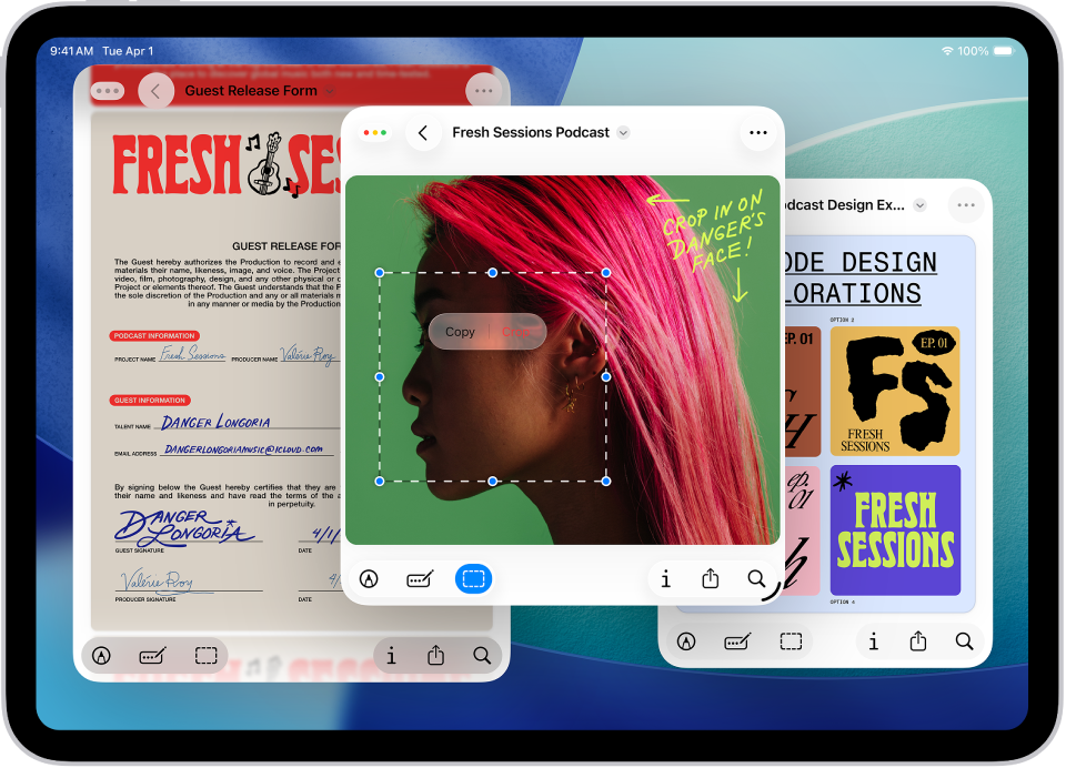 Un iPad cu trei ferestre de diferite dimensiuni deschise și suprapuse.