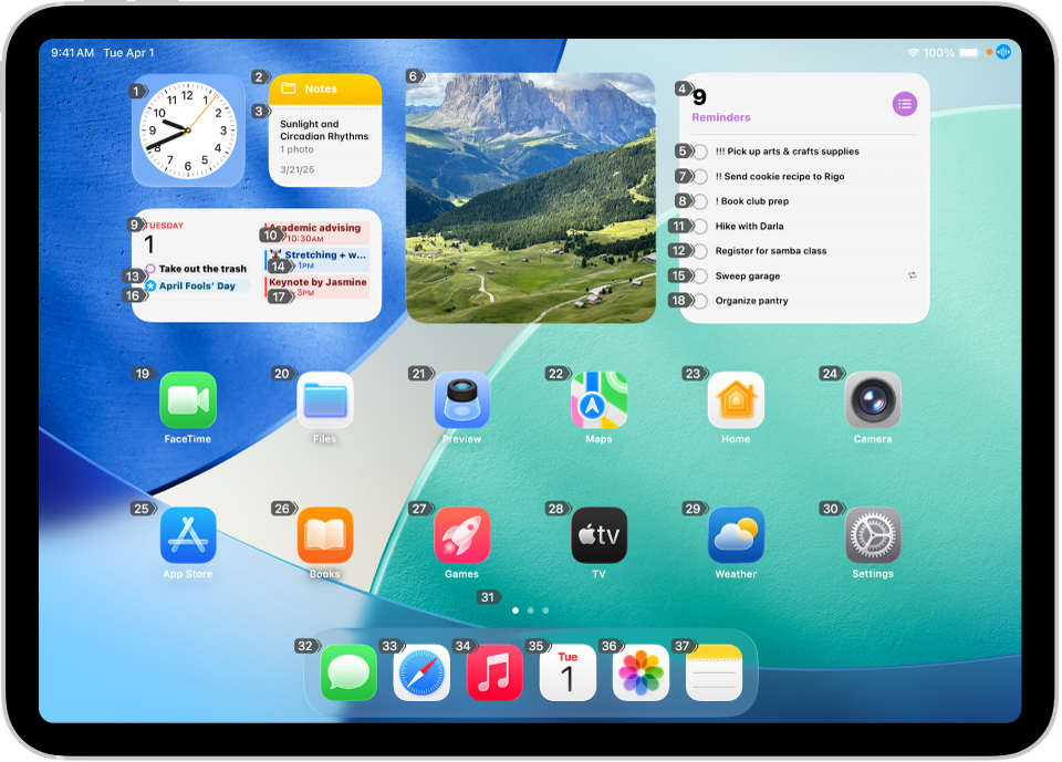Un iPad afișând câte un număr lângă fiecare articol de pe ecranul principal. În partea de sus a ecranului este afișată comanda vocală “Afișează numere”.
