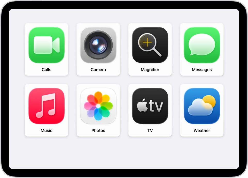 На iPad показан экран «Домой» в режиме Упрощенного доступа с крупными значками приложений.