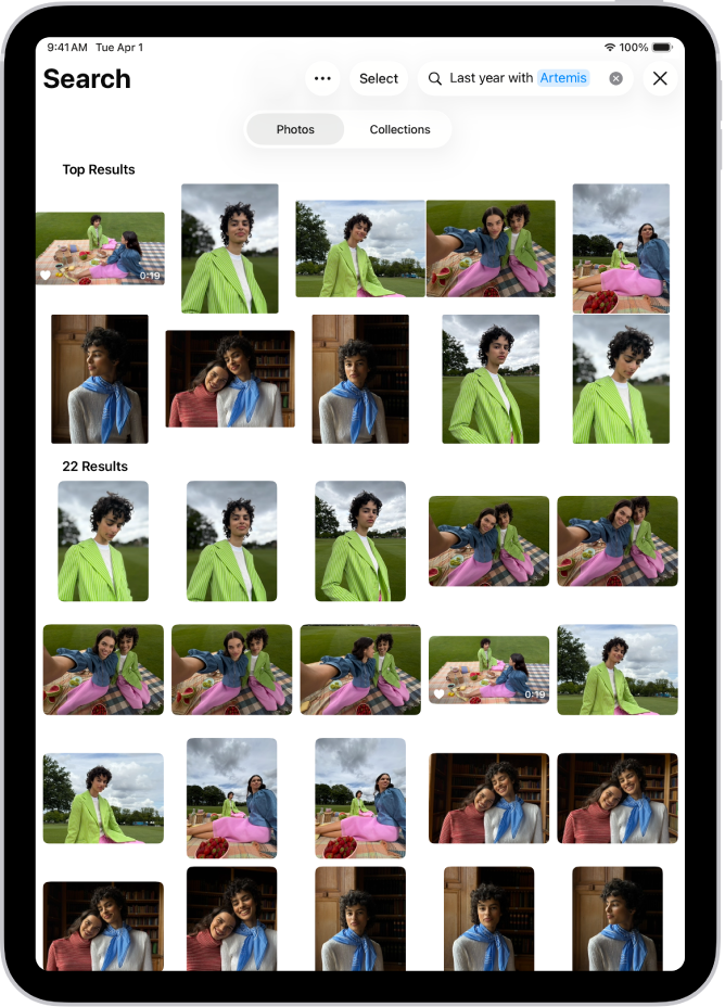 На iPad в приложении «Фото» показаны фотографии. В нижней части экрана показано поле поиска с описанием.
