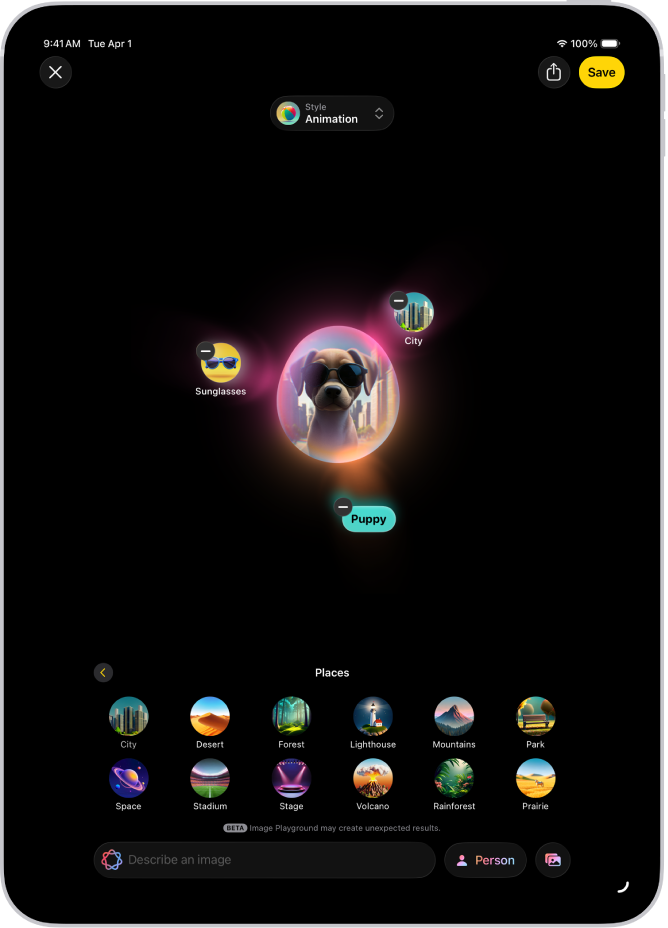 Okno apky Image Playground, v ktorom je vygenerovaný obrázok psa so slnečnými okuliarmi.