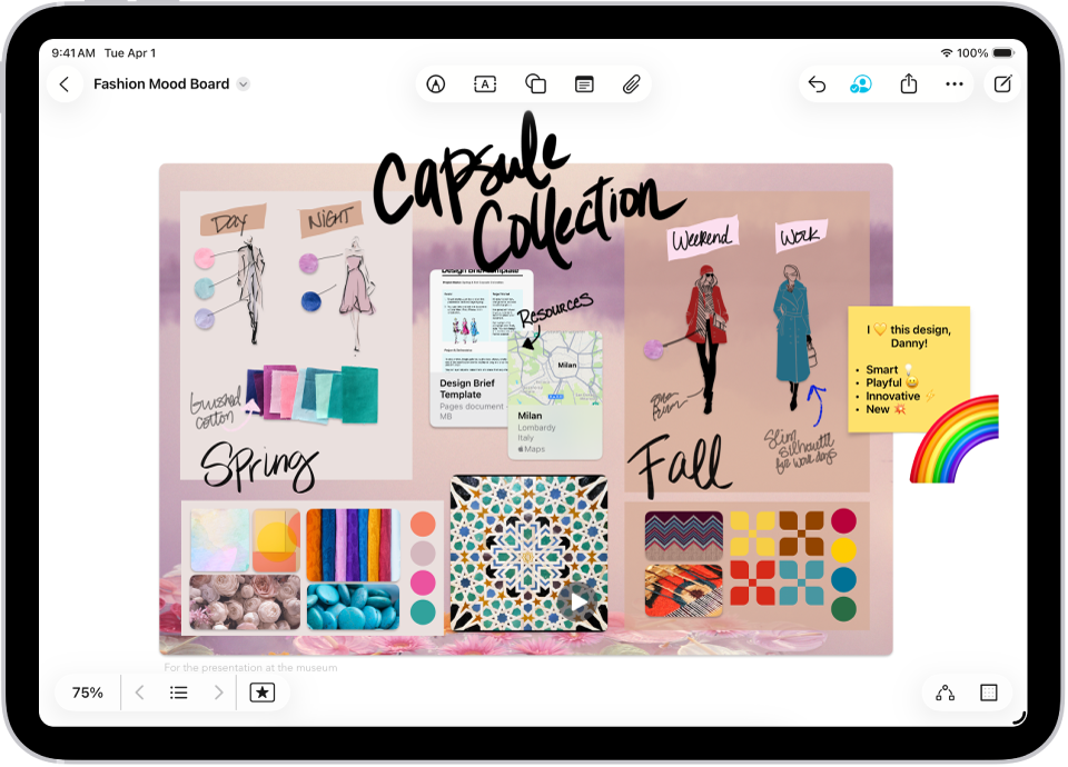 iPad s otvorenou apkou Freeform. Na nástenke je rukopis, text, kresby, tvary, samolepiace poznámky, odkazy a ďalšie súbory.