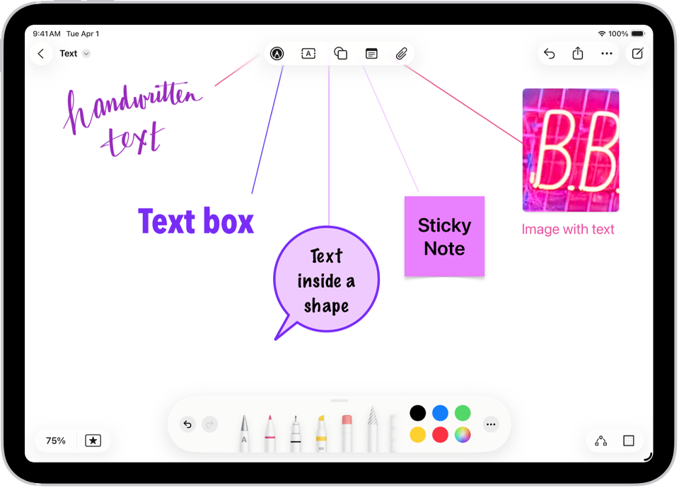 Nástenka v apke Freeform s textom v kresbe, textovým poľom, tvarom, samolepiacou poznámkou a obrázkom, ktoré zodpovedajú tlačidlám v hornej časti obrazovky.