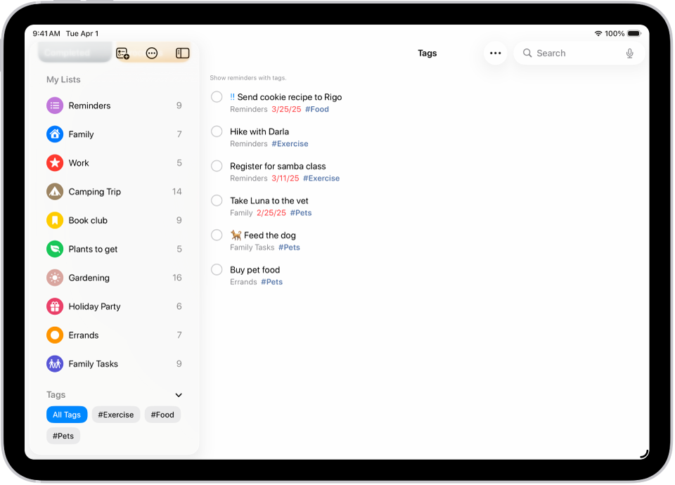 Obrazovka apky Pripomienky s prehliadačom tagov vľavo dole. Je vybraná možnosť Všetky tagy. Vpravo je zoznam všetkých položiek s tagmi.