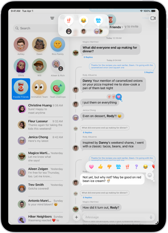 Pogovor v aplikaciji Sporočila z atributi odziva Tapback, vidnimi na vrhu zaslona, in meni odziva Tapback, ki je viden nad sporočilom.