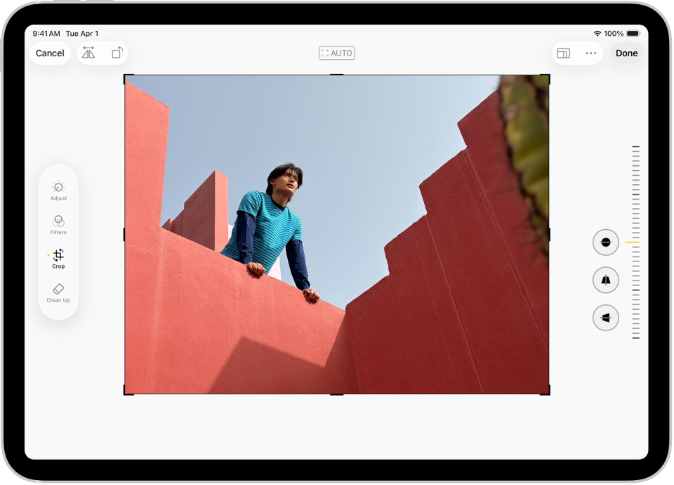 Zaslon Uredi v aplikaciji Fotografije s fotografijo na sredini. Na levi strani zaslona so gumbi fotografije so gumbi Prilagodi, Filtri in Obreži Izbran je gumb Obreži. Na desni strani zaslona so možnosti za izboljšavo obrezovanja in drsnik za prilagoditev nivoja učinka filtra.