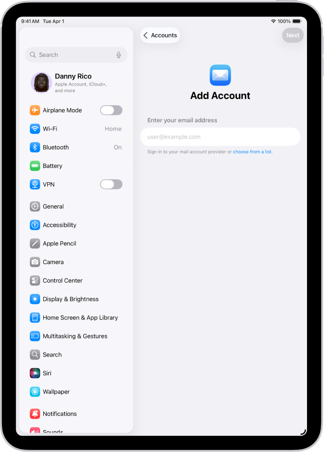 మీ ఇమెయిల్ అడ్రెస్ను నమోదు చేయడానికి ఫీల్డ్తో పాటు ’ఖాతాను జోడించండి’ స్క్రీన్.