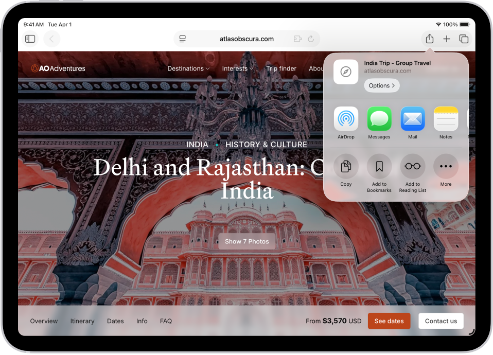తెరిచి ఉన్న వెబ్పేజీ. షేర్ బటన్ను ట్యాప్ చేయడం ద్వారా, AirDrop, సందేశాలు, Mail, నోట్స్, కాపీ, బుక్మార్క్లకు జోడించండి, పఠన జాబితాకు జోడించండి, ఇంకా మరిన్నింటి కోసం ఎంపికలను చూపబడుతున్నాయి.