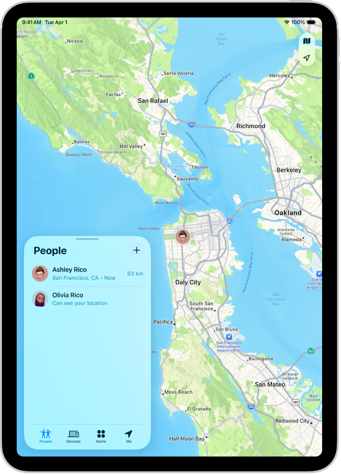 వ్యక్తుల జాబితా తెరిచి ఉన్న Find My స్క్రీన్ జాబితాలో నలుగురు వ్యక్తులు ఉన్నారు: ఆష్లీ రికో, ఒలివియా రికో, డాన్ రామిరేజ్, విల్ రికో. శాన్ ఫ్రాన్సిస్కో మ్యాప్లో వారి లొకేషన్లు చూపబడుతున్నాయి.