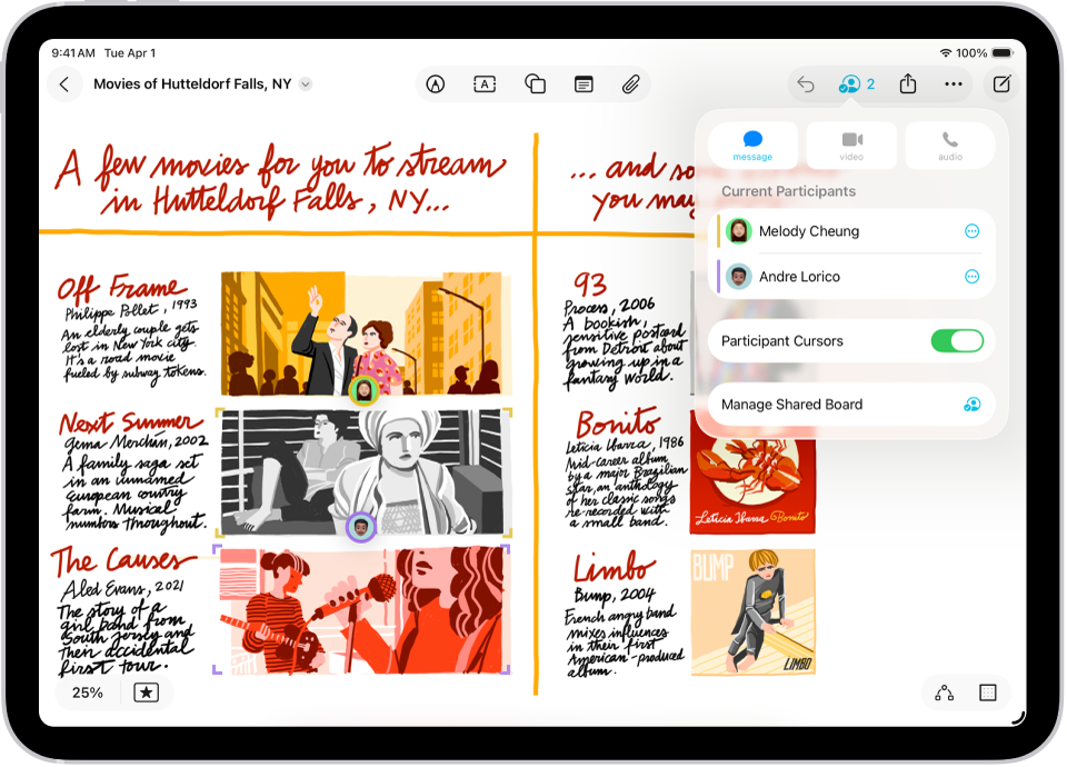บอร์ด Freeform ที่มีผู้เข้าร่วมอีกสองคนที่ทำเครื่องหมายการเลือกด้วยเครื่องหมายถูกสีต่างๆ