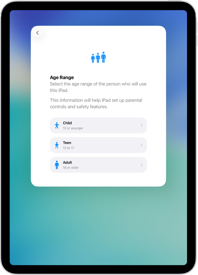 หน้าจอการตั้งค่าช่วงอายุ มีช่วงอายุ 3 ช่วงดังนี้: เด็ก (ไม่เกิน 12 ปี), วัยรุ่น (13 ถึง 17 ปี) และผู้ใหญ่ (18 ปีขึ้นไป)
