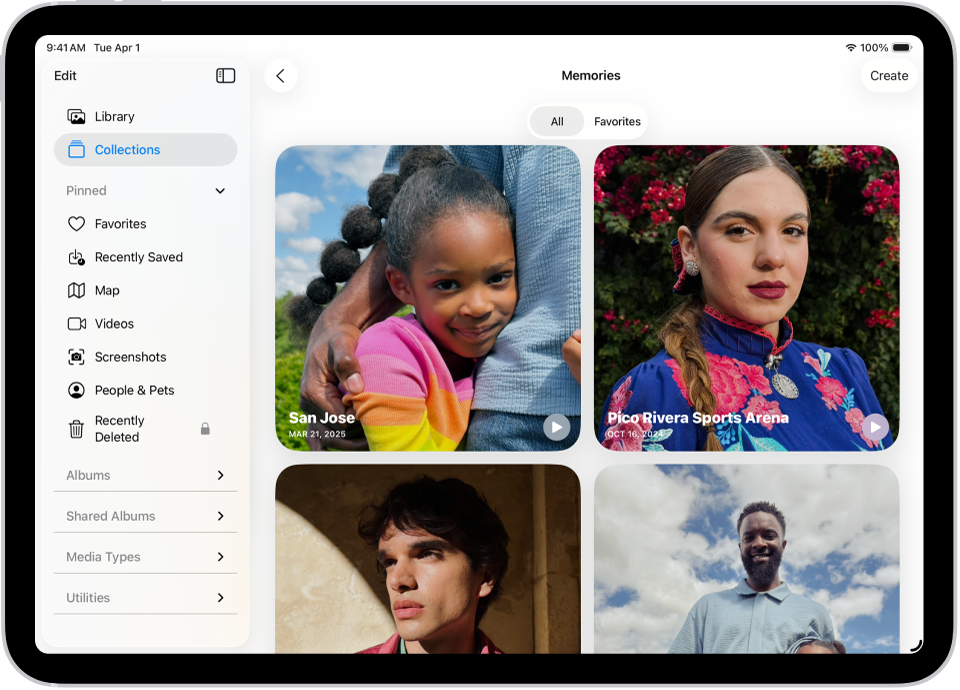 แอปรูปภาพเปิดขึ้นเพื่อแสดงคอลเลกชั่นความทรงจำ แถบทั้งหมดถูกเลือกโดยมีรายการความทรงจำอยู่ด้านล่าง