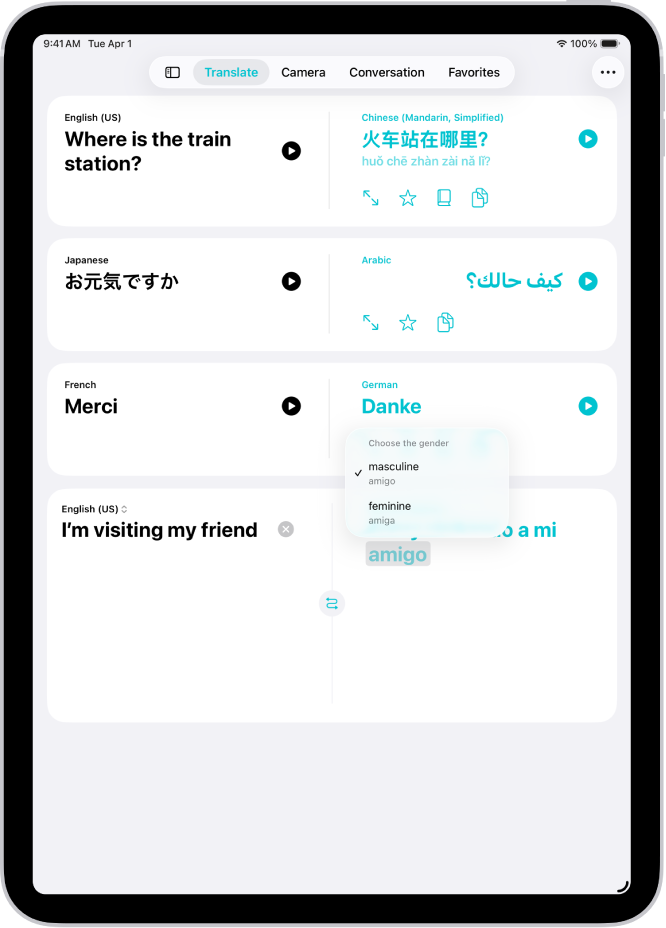 Çeviri sekmesi, İngilizceden İspanyolcaya çevrilen bir ifadeyi ve farklı cinsiyet varyasyonları ile gri renkte vurgulanan bir sözcüğü gösteriyor.