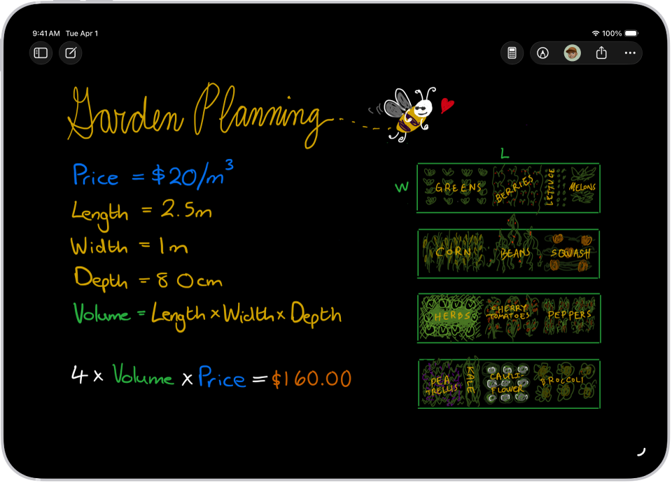 Математична нотатка, відкрита в Калькуляторі, що містить запроваджені змінні, рівняння й рисунок математичної задачі.