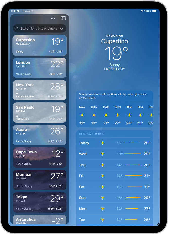 Екран Погоди, на якому показано бічну панель у лівій частині екрана. На бічній панелі — список міст із відображенням поточного часу, температури, прогнозу й максимальної та мінімальної температур. Угорі списку вибрано «Моя геопозиція», а в правій частині екрана показано прогноз і погодні умови для цього місця.