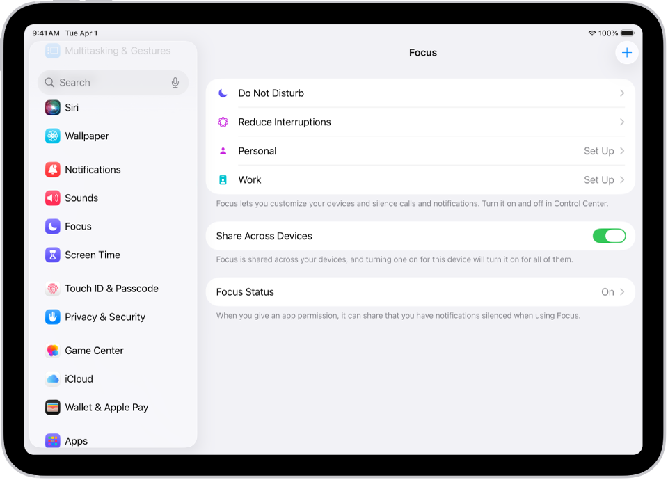 Một màn hình đang hiển thị sáu tùy chọn chế độ tập trung được cung cấp – Không làm phiền, Lái xe, Không nhận tin nhắn trong cuộc gọi, Ngủ, Cá nhân và Làm việc. Nút Chia sẻ trên các thiết bị được bật, cho phép sử dụng cùng các cài đặt chế độ tập trung trên các thiết bị Apple của bạn.