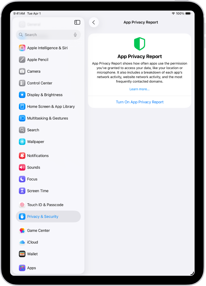 Màn hình Báo cáo bảo mật ứng dụng, nơi bạn có thể bật một báo cáo để hiển thị tần suất ứng dụng sử dụng các quyền bạn đã cấp, cùng với hoạt động mạng của chúng.