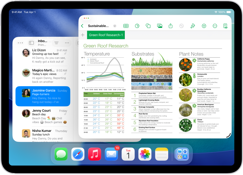 Một màn hình iPad với ba ứng dụng đang mở và một bố cục cửa sổ được chọn sắp xếp các ứng dụng thành ba phần trên màn hình.